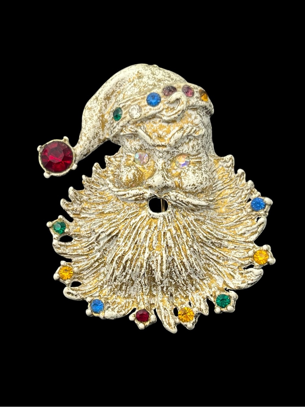 1960s Christmas Santa Claus gold gilt multicolored rhinestone creepy brooch pin